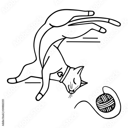 Hand-drawn vector illustration. Cute doodle cat sleeping on his back with a ball of thread black line on a white background