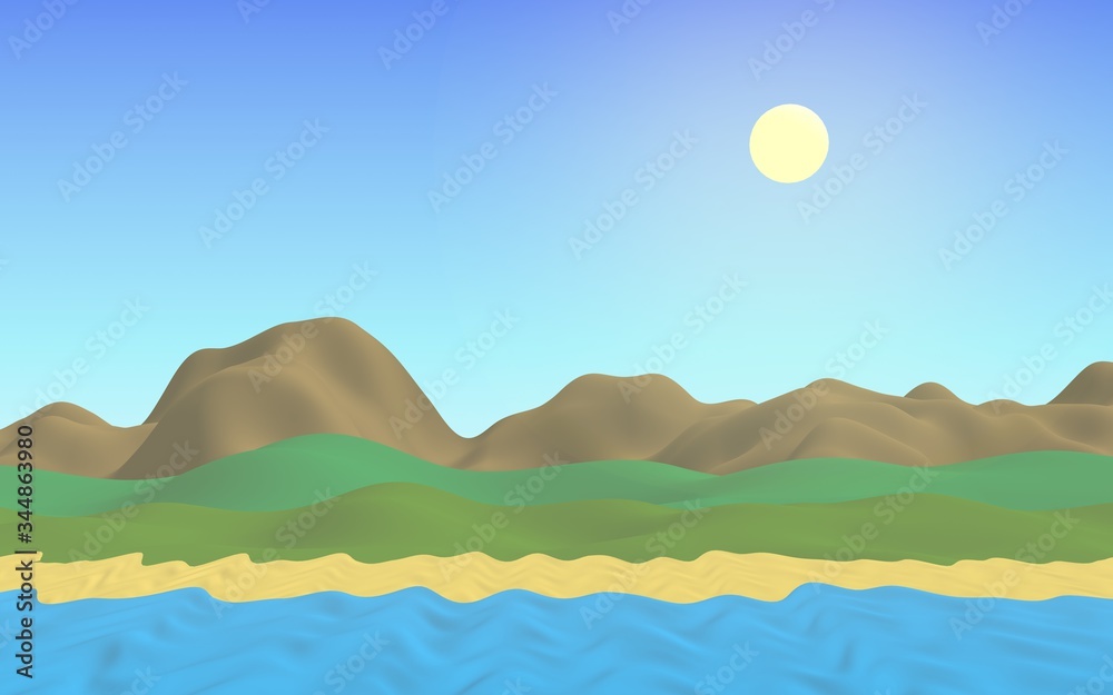 Sun Sea Beach. Noon. Ocean shore line with waves on a beach. Island beach paradise with waves. Vacation, summer, relaxation. Seascape, seashore. Minimalist landscape, primitivism. 3D illustration