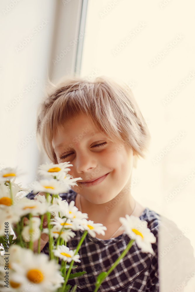  blonde girl on white  background with flowers