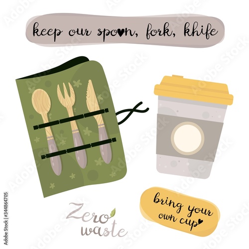 Zero waste lifestyle elements - cultery and coffe cup. Reusable and recyclable eco items. Plastic free. Go green.