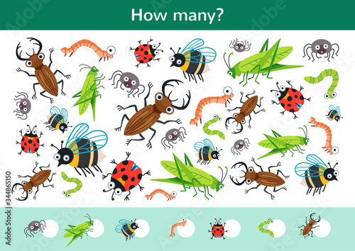 Counting children game of a cartoon beetles.