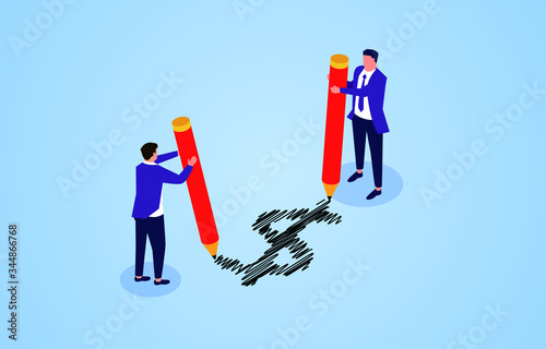 Two businessmen holding pencils drawing dollar signs