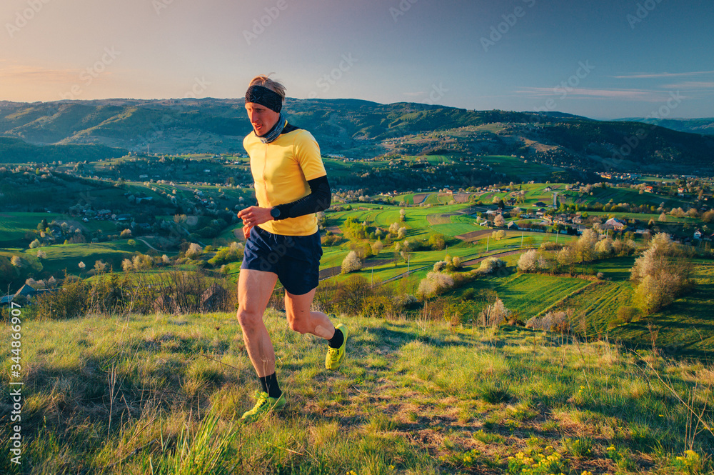 Morning trail run photo. Active life, Exercise in spring nature Morning trail run photo. Active life, Exercise in spring nature