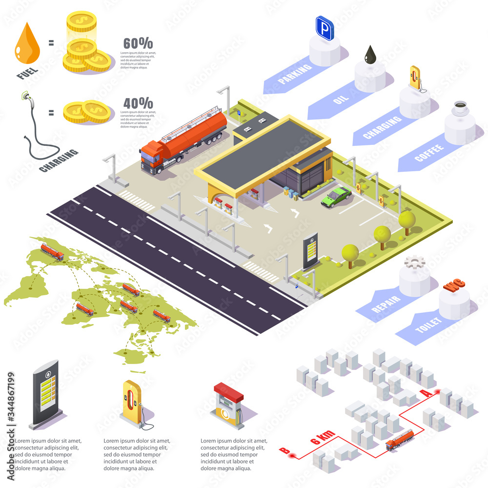 gas station Infographic filling, dangerous substance truck, isometric 3d illustration.