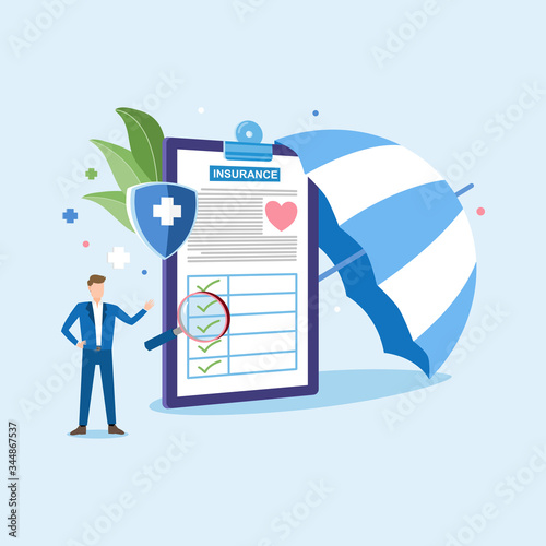 People stand near health insurance contract.Health care concept. Health insurance contract is under the umbrella. vector illustration about health