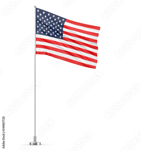 United States flag on a flagpole white background 3D illustration