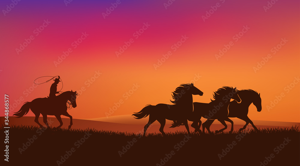 cowboy rider chasing mustang horses herd and throwing lasso - wild west sunset landscape scene vector silhouette design cowboy rider chasing mustang horses herd and throwing lasso - wild west sunset landscape scene vector silhouette design