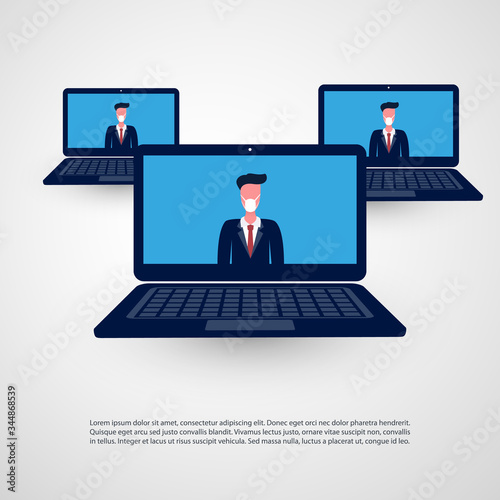 People on Videoconference from Home Office - Work at Home and Make Social Connections Through the Internet Only - Design Concept with Laptop Screens - Vector Illustration