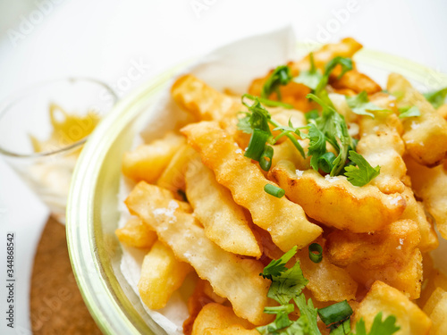 French fries golden brown, fried with oil and sprinkled with salt, sweet and salty