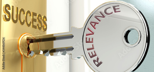 Relevance and success - pictured as word Relevance on a key, to symbolize that Relevance helps achieving success and prosperity in life and business, 3d illustration photo