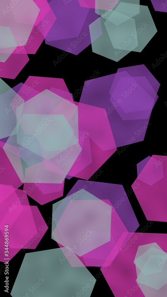 Multicolored translucent hexagons on dark background. Vertical image orientation. 3D illustration