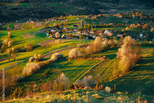 Morning light in spring landscape. Beautiful green rural agricultural fields  small houses  blossom trees  warm sunrise light. Slovakia  Europe
