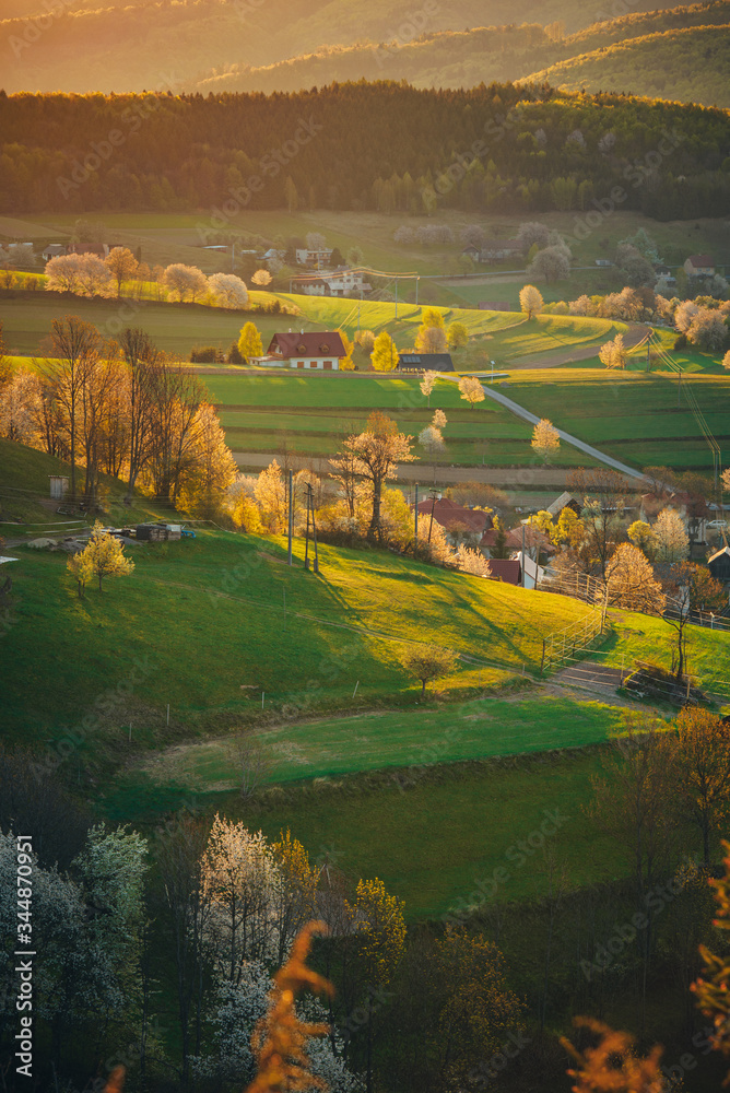 Majestic light in the spring mountains rural landscape. Sun light up blossom cherry trees and green meadows and agricultural fields. Village Hrinova in Slovakia