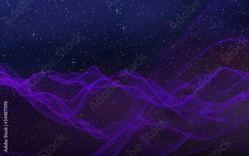 Abstract ultraviolet landscape on a dark background. Purple cyberspace grid. hi tech network. Outer space. Violet starry outer space texture. 3D illustration