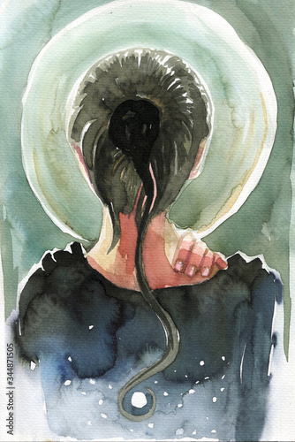 Illustration depicting a woman standing back against the moon.