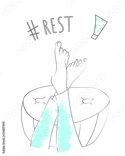 Vector outline illustration of woman's legs in blue jeans crossed over big poof. Hashtag rest and tube cream to illustrate concept of self care