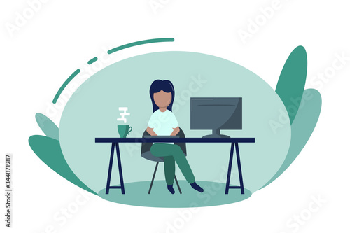Young woman working on computer at her home office working desk. Flat style color modern vector illustration.