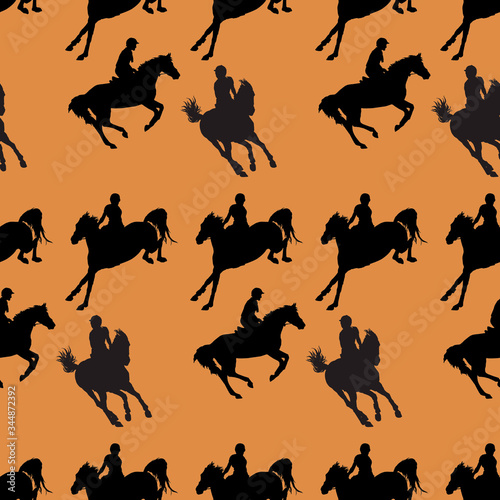 silhouettes of sports horses and riders isolated on a orange seamless background, pattern for decoration, Equestrian sports, show jumping