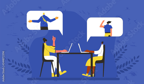 Woman sitting with laptop. Vector flat design.