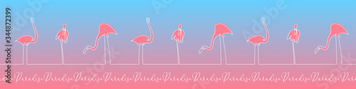 Pink flamingo continuous line seamless pattern. Line art exotic bird symbol and text Paradise on pink and blue gradient background textile print. Vintage decor border ornament. Vector illustration