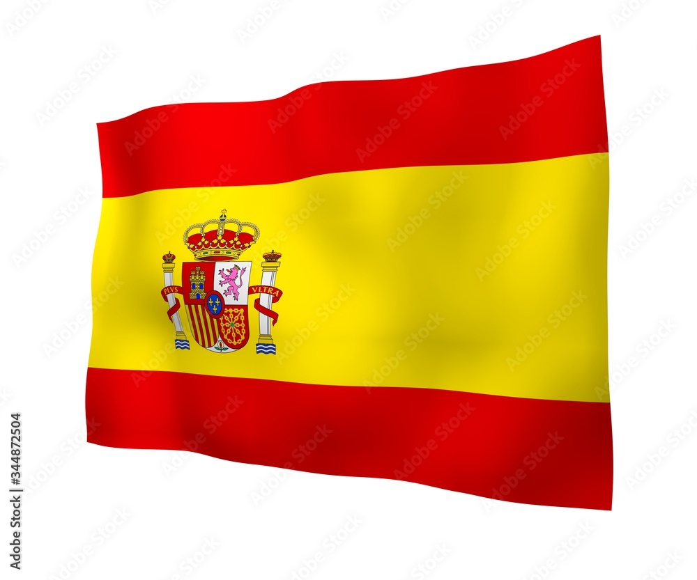 The flag of Spain. Official state symbol of the Kingdom of Spain. Concept: web, sports pages, language courses, travelling, design elements. 3d illustration