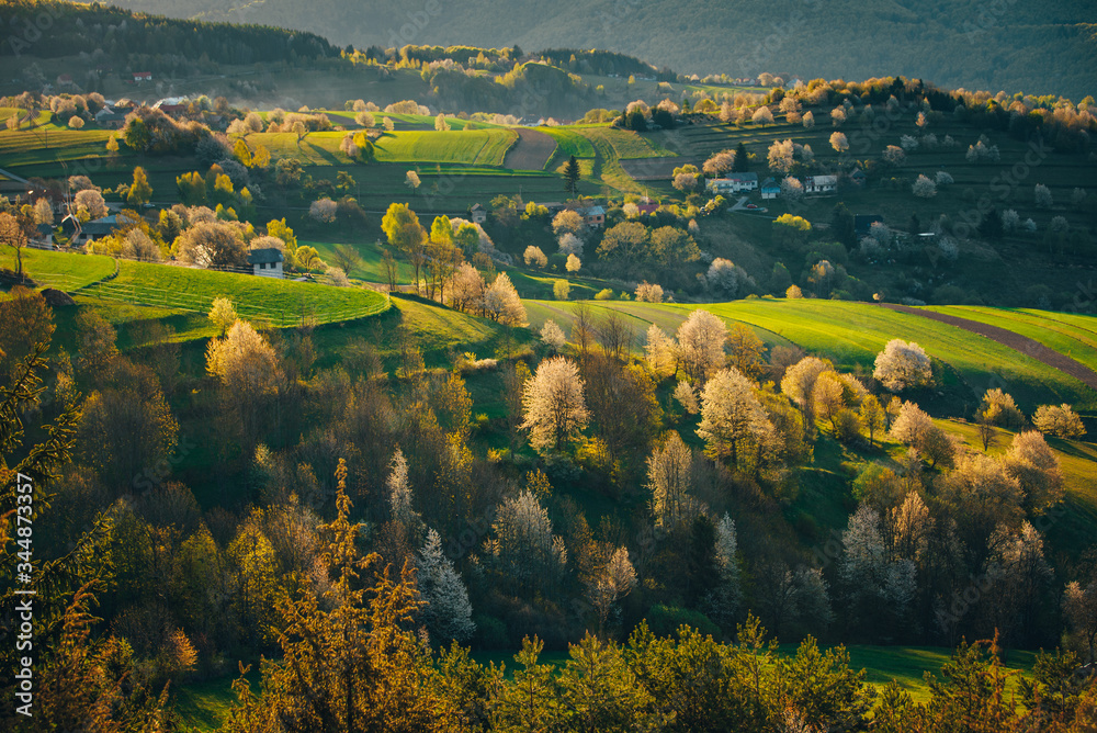 Majestic sunset in the mountains landscape. Dramatic sky. Carpathian, Europe. Beauty world.