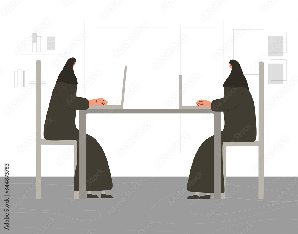 Obraz premium Muslim women with laptop. Vector flat person.