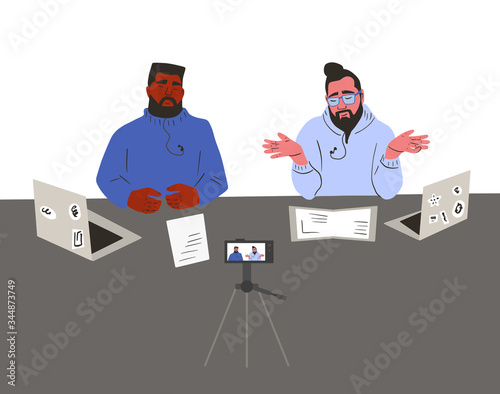 Bearded men sitting with laptop. Vector design.