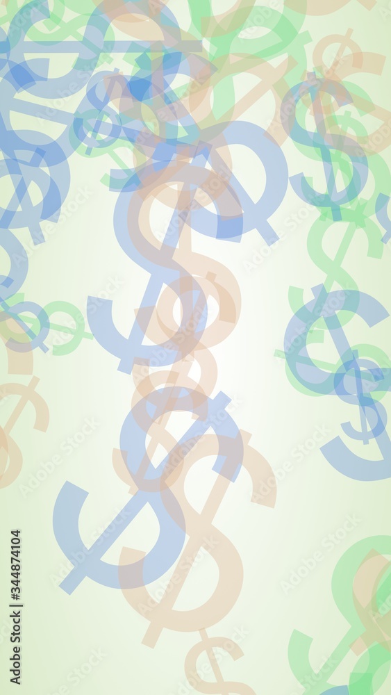Multicolored translucent dollar signs on white background. 3D illustration