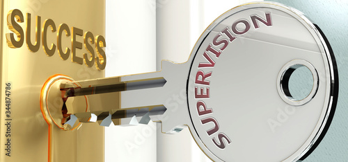 Supervision and success - pictured as word Supervision on a key, to symbolize that Supervision helps achieving success and prosperity in life and business, 3d illustration