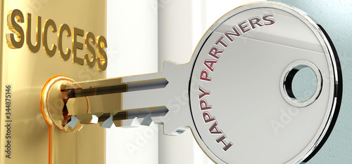 Happy partners and success - pictured as word Happy partners on a key, to symbolize that Happy partners helps achieving success and prosperity in life and business, 3d illustration
