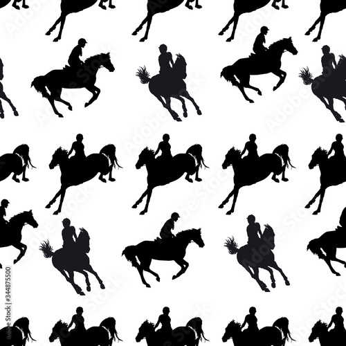 silhouettes of sports horses and riders isolated on a white seamless background, pattern for decoration, Equestrian sports, show jumping