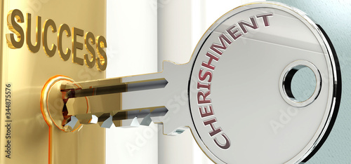 Cherishment and success - pictured as word Cherishment on a key, to symbolize that Cherishment helps achieving success and prosperity in life and business, 3d illustration