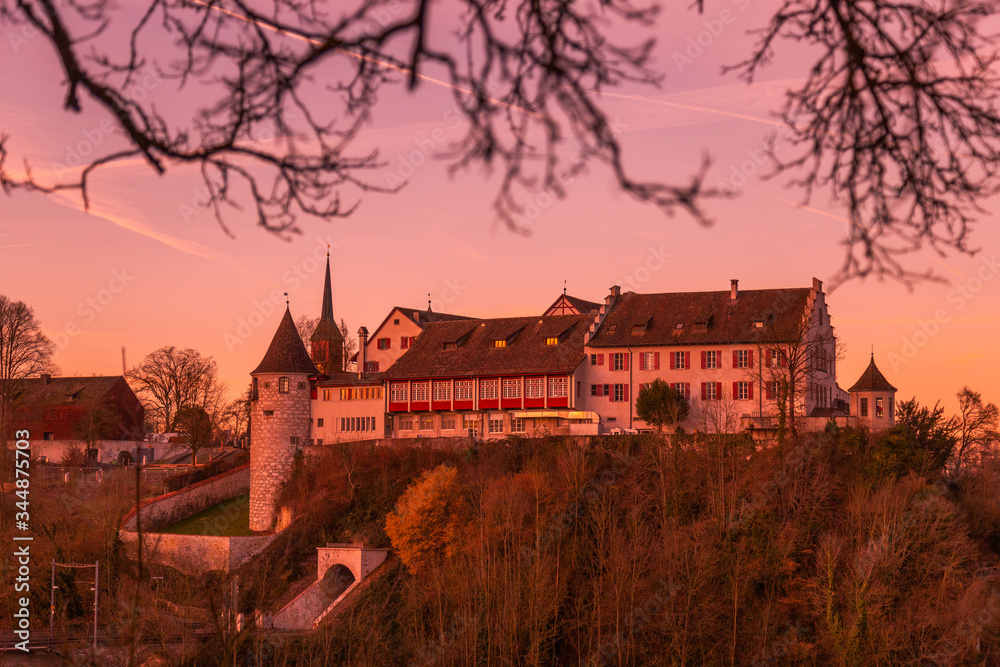 Laufen Castle at sunrise (Schloss Laufen) near Rhein falls, Switzerland, canton of Zurich