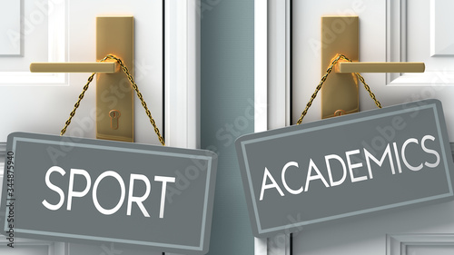 academics or sport as a choice in life - pictured as words sport, academics on doors to show that sport and academics are different options to choose from, 3d illustration