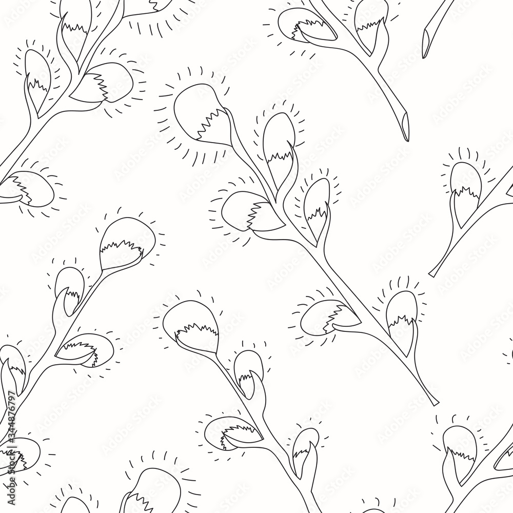 Seamless pattern with flat black and white hand drawn willow tree twigs. Vector nature illustration isolated on white background. Easter illustration. Seamless pattern with flat black and white hand drawn willow tree twigs. Vector nature illustration isolated on white background. Easter illustration.