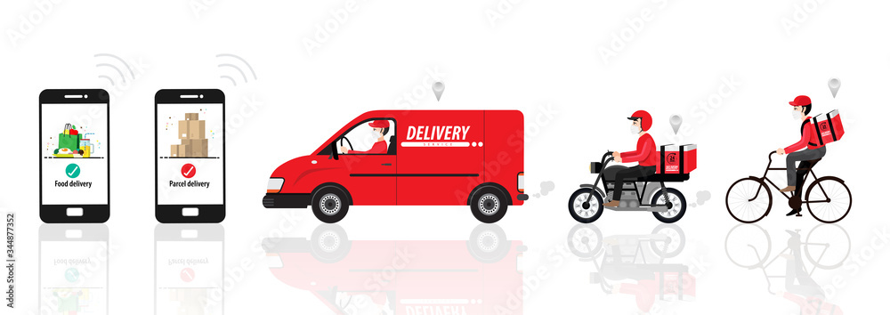 Corona virus, quarantine delivery. Online order and food or product express delivery concept. Courier with medical, protective, respiratory mask driving bicycle, bike, car. Vector illustration