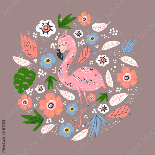 hand drawing pink flamingo with bouquet of tropical leaves and flowers on pastel mood  vector illustration isolated  floral elements