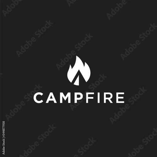 fire with camping tent logo design vector silhouette illustration