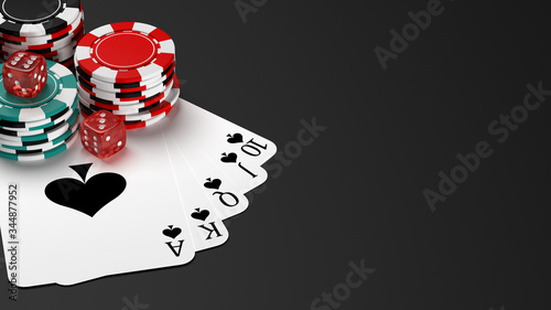 Royal flush poker hand with casino chips on table. 3D illustration