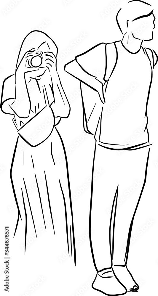 Fototapeta premium Outline sketch of man and woman take a photo