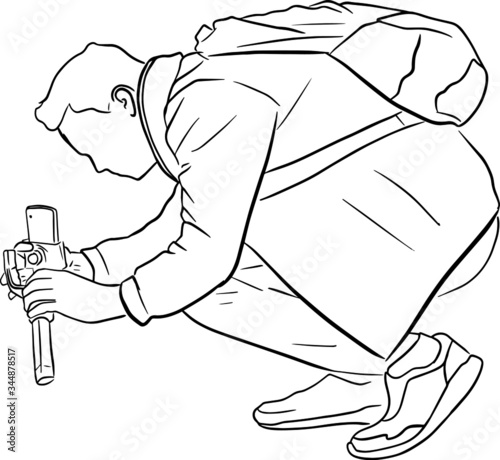 Outline sketch of man with backpack squats and takes photo on smartphone using stabiliser in doodle style