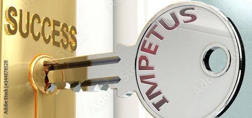 Impetus and success - pictured as word Impetus on a key, to symbolize that Impetus helps achieving success and prosperity in life and business, 3d illustration