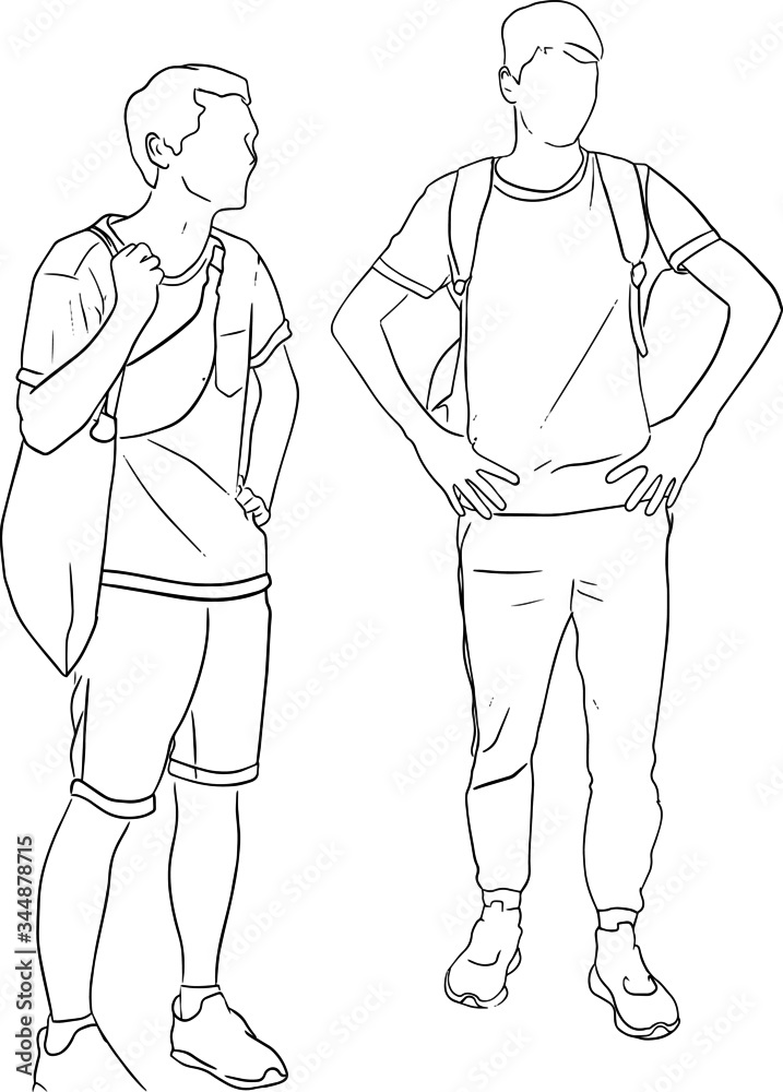 Outline sketch of two young men in full length stay and look right in doodle style Outline sketch of two young men in full length stay and look right in doodle style