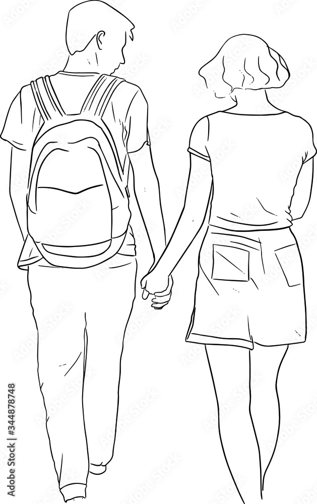 Boy and girl go hand in hand outline sketch back view Boy and girl go hand in hand outline sketch back view