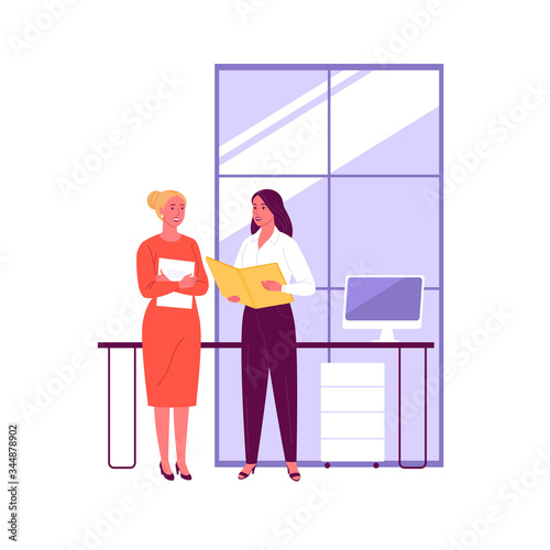 Business women. Vector illustration of two women talking in the office. Isolated on background.