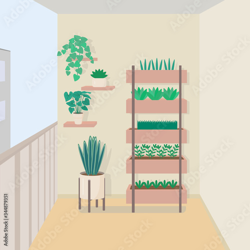 Apartment balcony with flowers and pots, interior. Simple design, minimalism, pastel colors. Cute vector illustration.