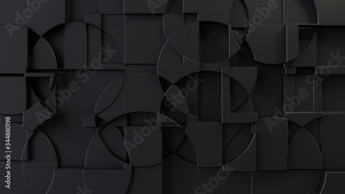 Abstract geometric composition with black fractures and intersecting cylinders and cubes on a black background. 3d render with depth of field.