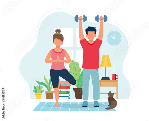 Stay home concept. People doing exercise in cozy modern interior. Vector illustration in flat style photo