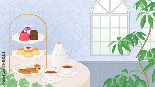 アフタヌーンティーの背景イラスト_青_16:9